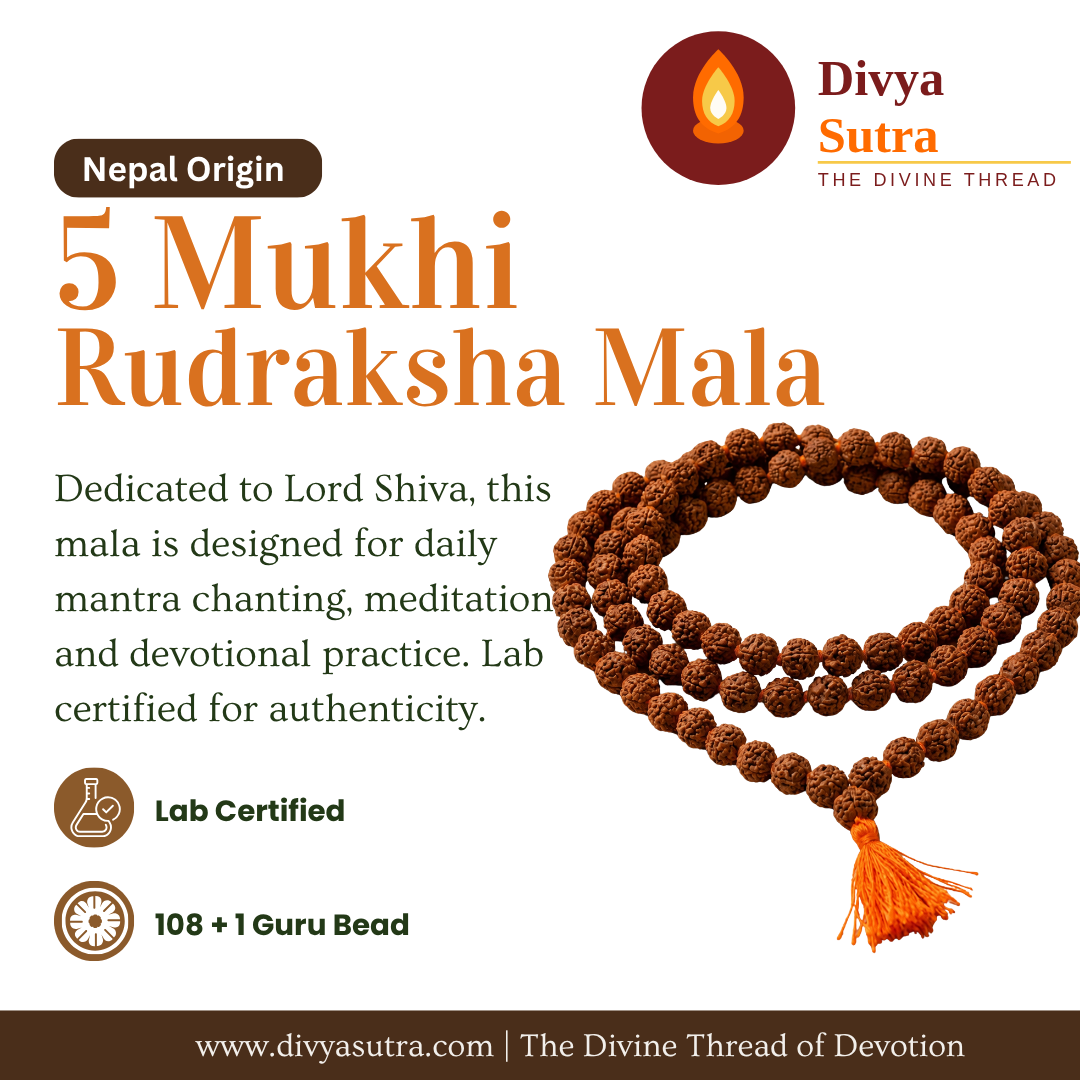 5 Mukhi Rudraksha Japa Mala — 108 Beads, Nepal Origin, Lab Certified