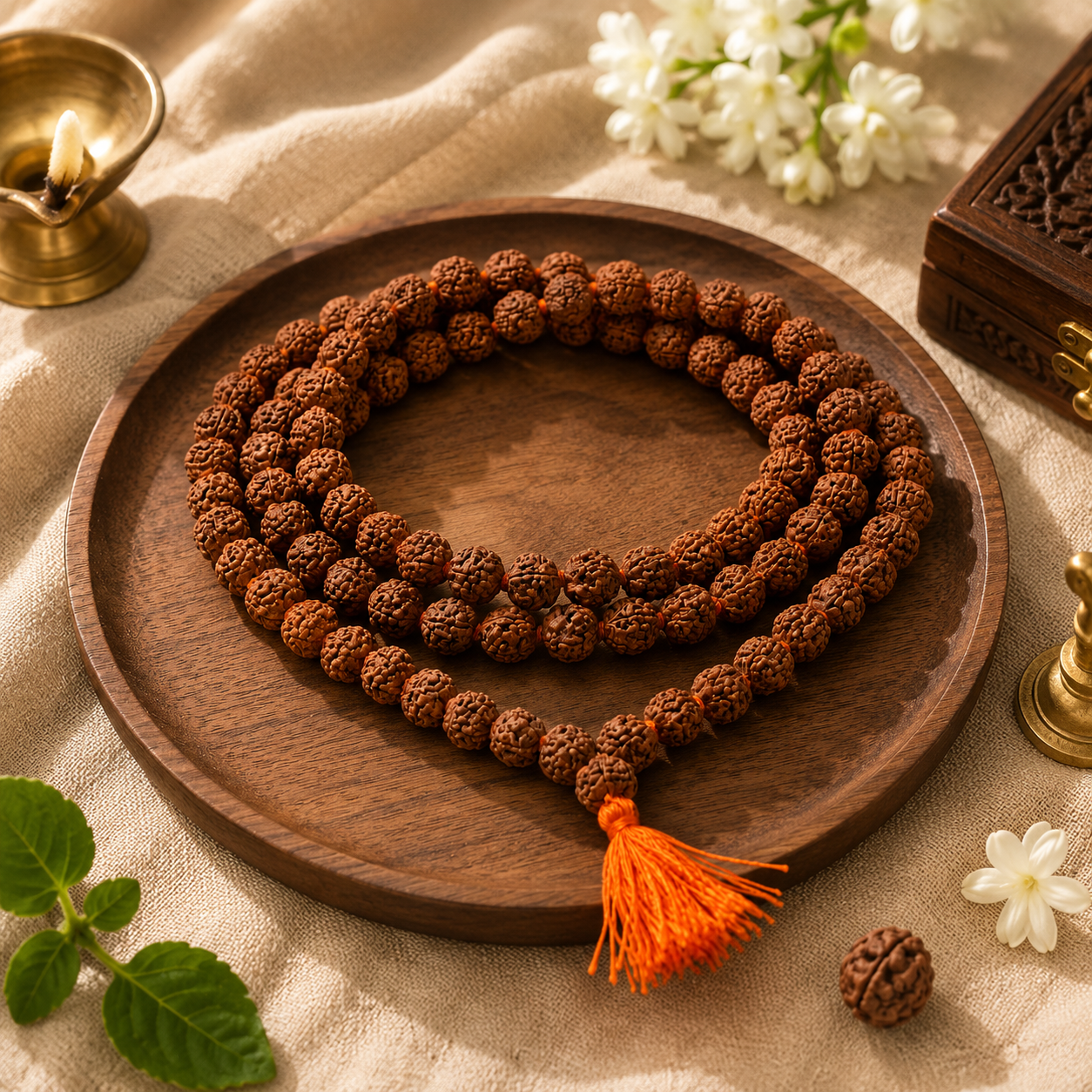 5 Mukhi Rudraksha Japa Mala — 108 Beads, Nepal Origin, Lab Certified